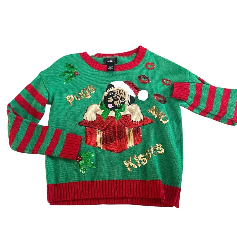 Love Always Pugs & Kisses Dog Sequin Cristmas Crewneck Womens Small